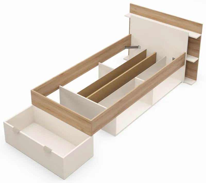 Pat alb/în culoare naturală cu aspect de lemn de stejar cu spațiu de depozitare fără somieră 90x200 cm Albo – Marckeric