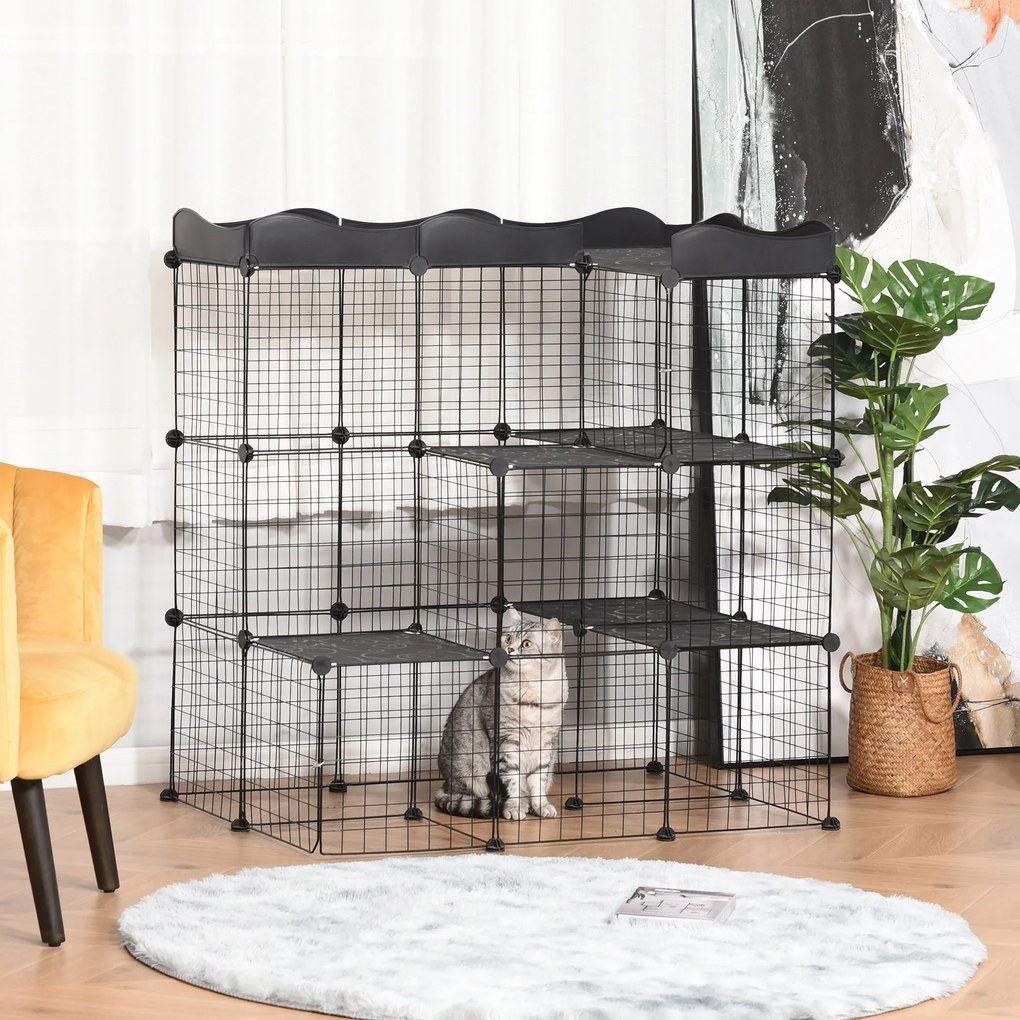 PawHut Țarc Modular pentru Animale de Talie Mică, cu Panouri și Accesorii, 105x70x116 cm, Negru | Aosom Romania