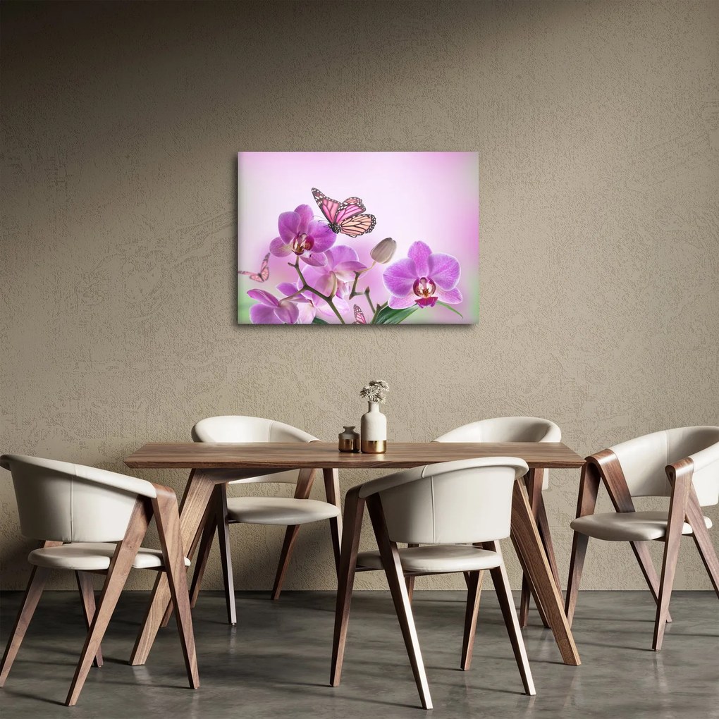 Tablou - Fluture pe flori de orhidee, liliac (70x50 cm)