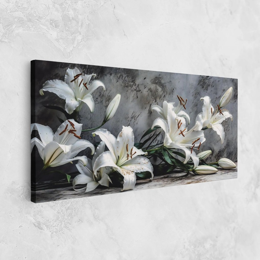 Tablou Canvas, 40x80cm, Dormitor si Living, Flori, Crini, White Pretty Lily On Grey