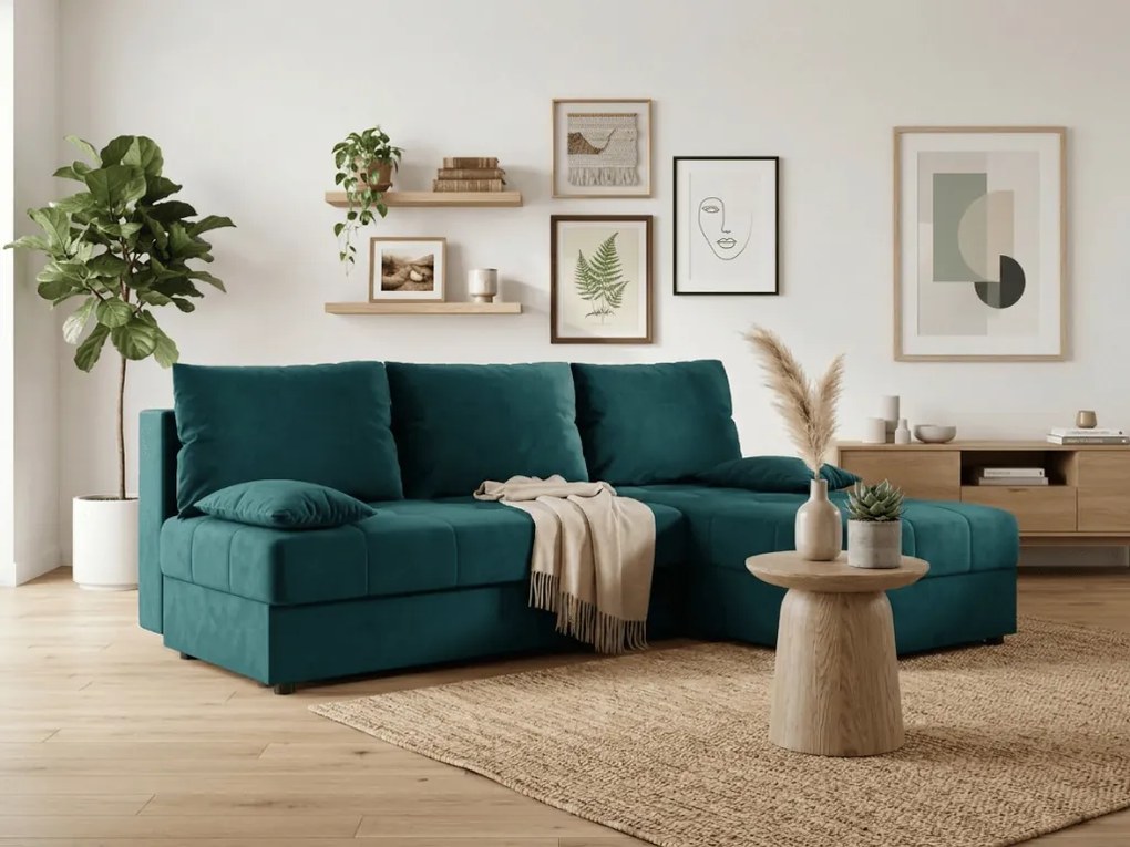 Coltar extensibil de colt VENORIA SLIM, petrol, reversibil, 200x143 cm + 2 perne GRATUIT
