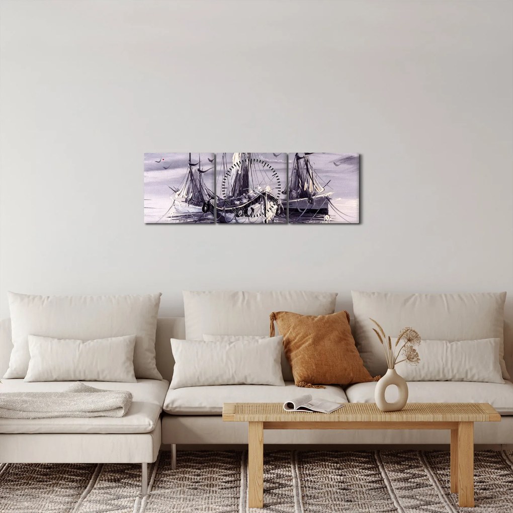 Tablou - Port marin, pictură în ulei (cu ceas) (90x30 cm)
