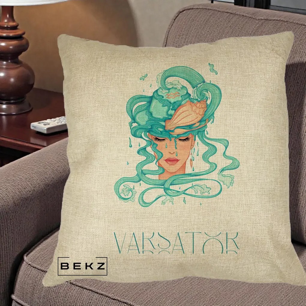 Perna Personalizata Zodiac Varsator Cowgirl, 40x40 cm, Crem, Husa Detasabila, Perna Inclusa, BEKZ®