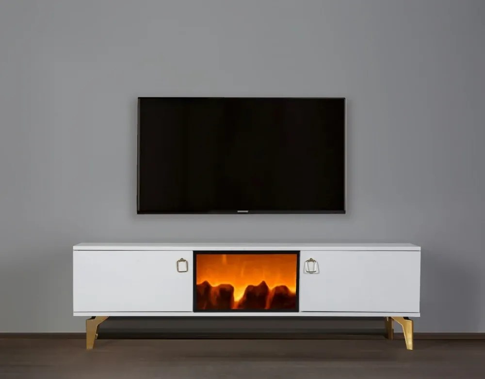 RESIGILAT- Comoda TV cu șemineu electric, Alb/Auriu, 160x35x47 cm