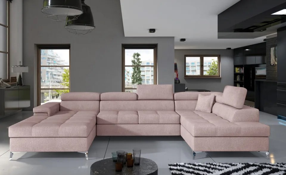 Canapea modulara, extensibila, cu spatiu pentru depozitare, 345x202x90 cm, Eduardo R03, Eltap (Culoare: Roz deschis / Alb)