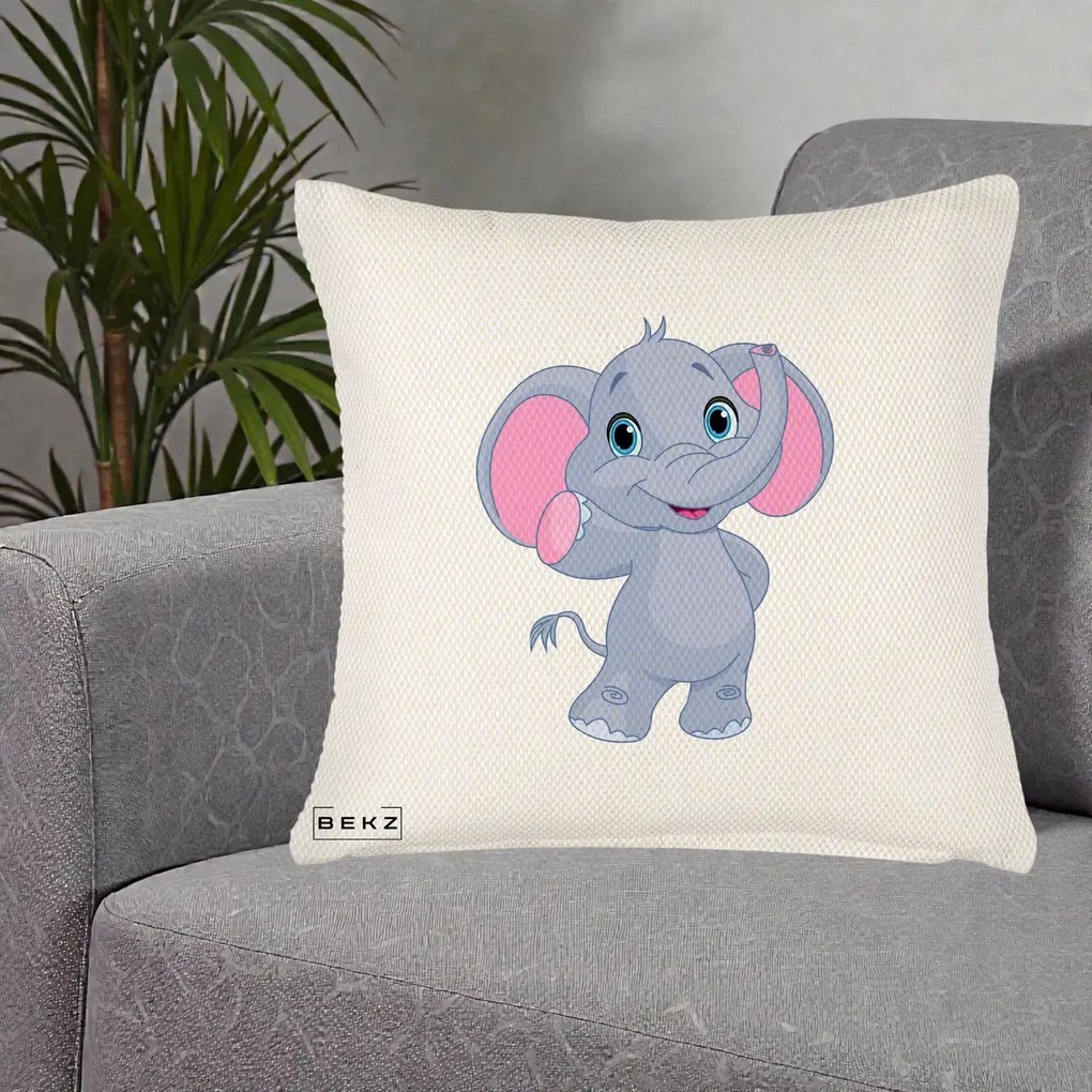 Perna Decorativa Pui de Elefant Kawaii, 40x40 cm, Crem Reliefat, Husa Detasabila, Perna Inclusa, BEKZ®