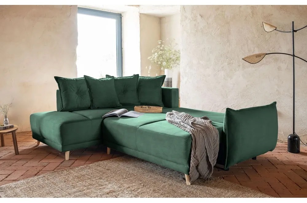 Colțar verde extensibil cu tapițerie din catifea reiată (colț stânga) Lazy Lukka – Miuform