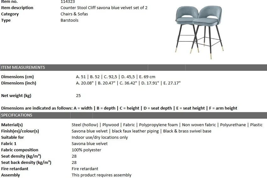 Set de 2 scaune de bar design modern Cliff, H-92,5cm albastru 114323 HZ