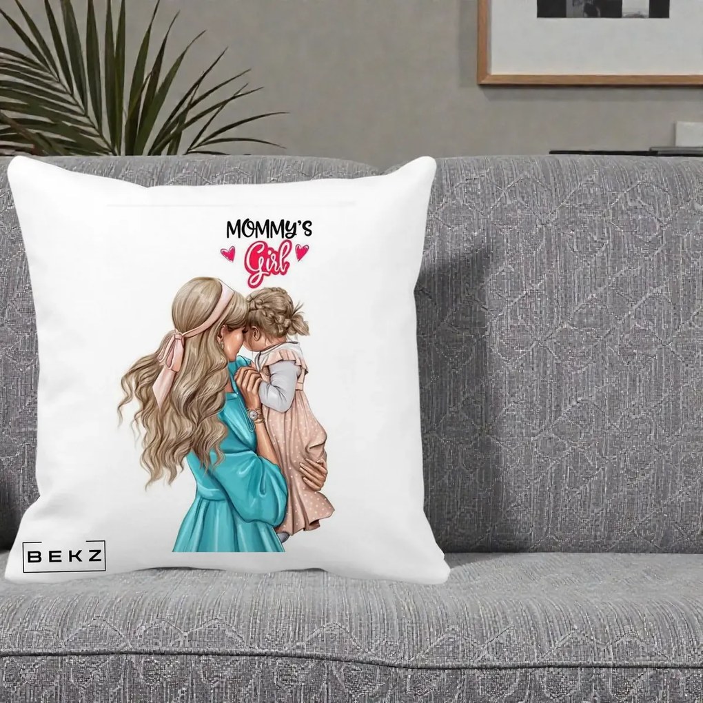 Cadou pentru Mama - Perna Personalizata Mommy's Girl Mama si Fetita, 40x40 cm, Alba Mata, Husa Detasabila, Perna Inclusa, BEKZ®