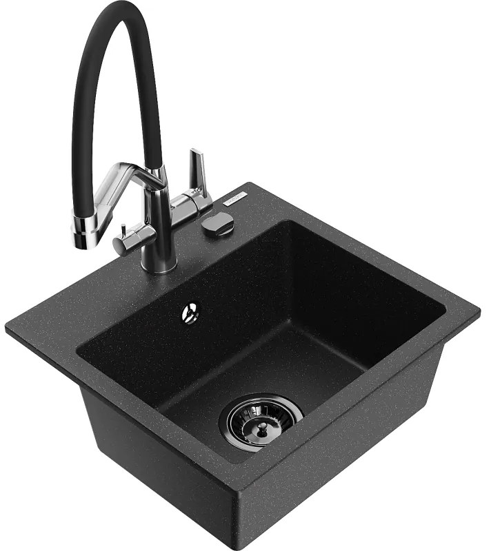 Mexen Milo chiuvetă de granit cu o cuvă cu baterie de bucătărie Duo, negru/metal argintiu - 6505-73-671701-07-B