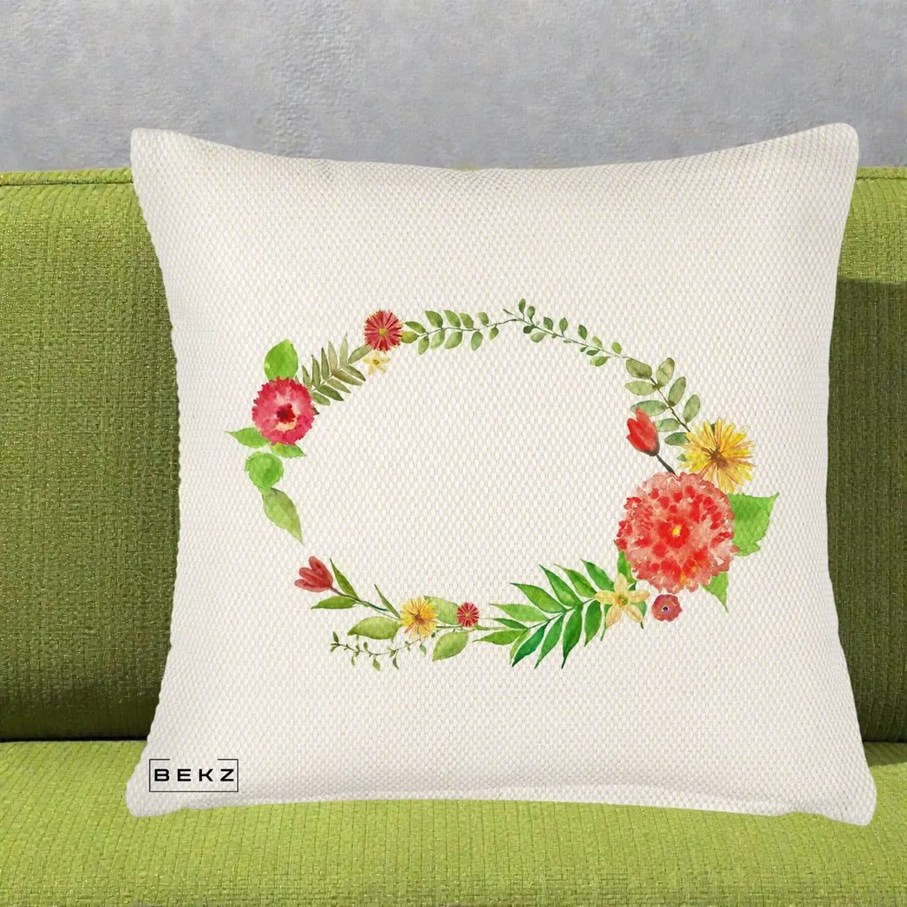 Perna Decorativa Coroana Florala Acuarela, 40x40 cm, Crem Reliefat, Husa Detasabila, Perna Inclusa, BEKZ®