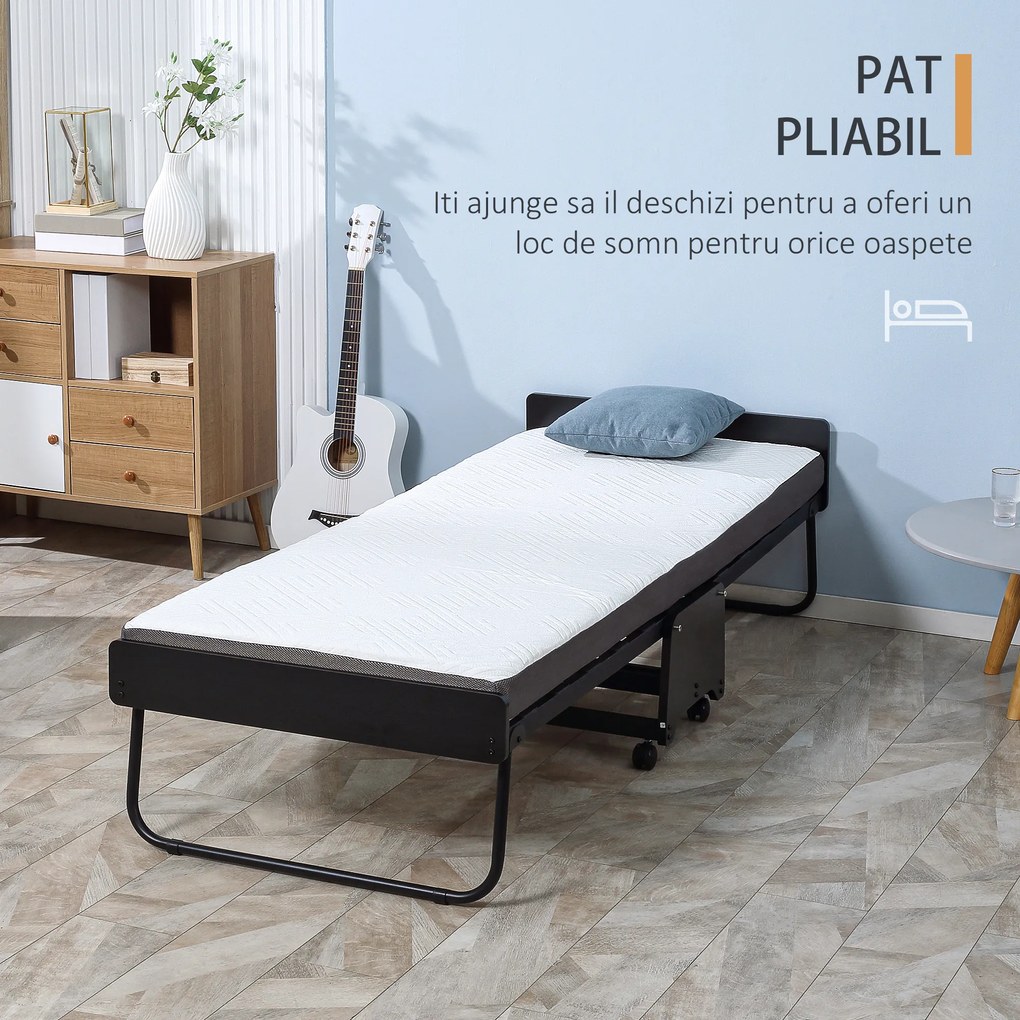 Pat pliant cu saltea de 10 cm inaltime HOMCOM, pentru o persoana cu roti si lamele, 80x200cm, negru | Aosom RO
