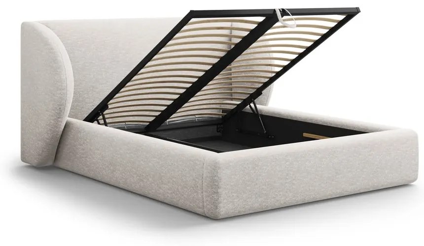 Pat matrimonial gri deschis tapițat cu spațiu de depozitare cu somieră 180x200 cm Miley – Micadoni