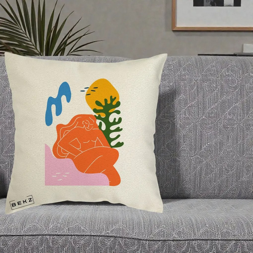 Perna Decorativa Femeie Portocalie Relaxata, 40x40 cm, Ecru, Husa Detasabila, Perna Inclusa, BEKZ®