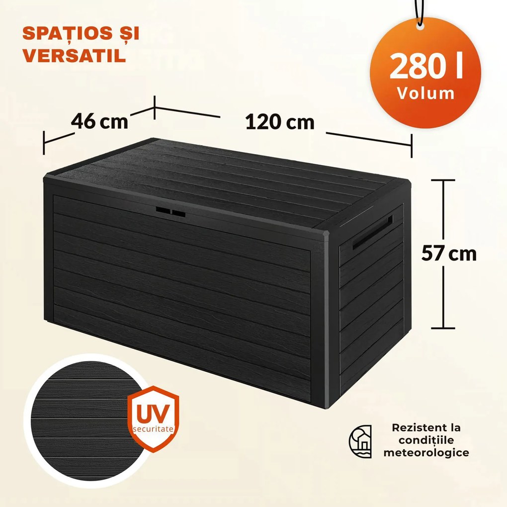 Cutie de depozitare WOODEBOX, 280L, 120x46x57cm, antracit Prosperplast