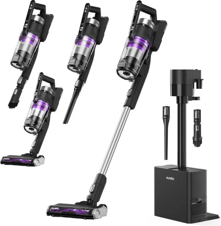 Aspirator vertical 2in1 Eureka NEC490, 350 W, Afisaj LED si lumina, Single Cyclone, 60 min, Statie de golire automata si incarcare, Negru