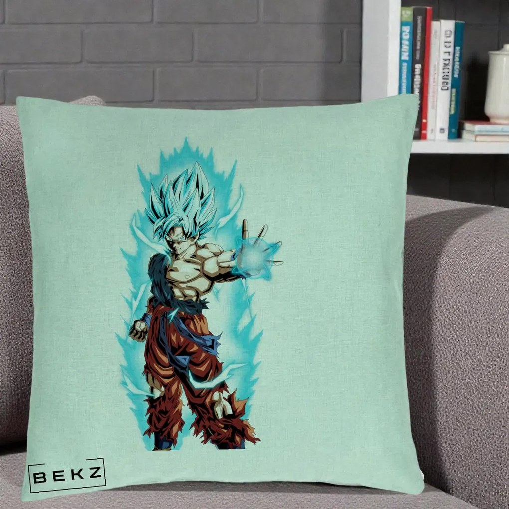 Perna Personalizata Dragon Ball Goku Ultra Instinct Blue, 40x40 cm, Verde Menta, Husa Detasabila, Perna Inclusa, BEKZ®