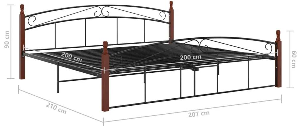 Cadru de pat, negru, 200x200 cm, metal si lemn masiv de stejar Maro inchis, 200 x 200 cm