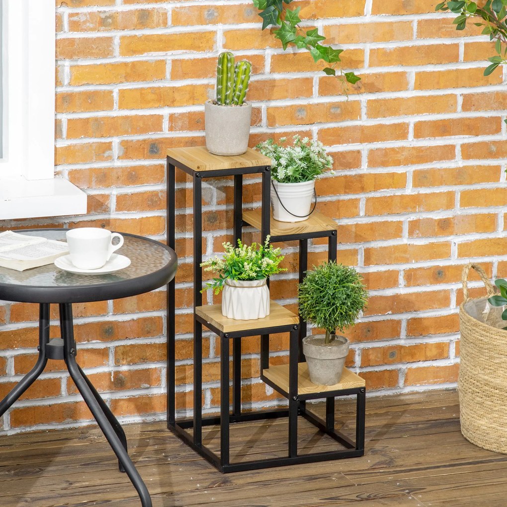 Outsunny Raft pentru Plante cu 4 niveluri din Metal și Lemn de Brad pentru Interior și Exterior, 34x34x66 cm, Natural | Aosom Romania