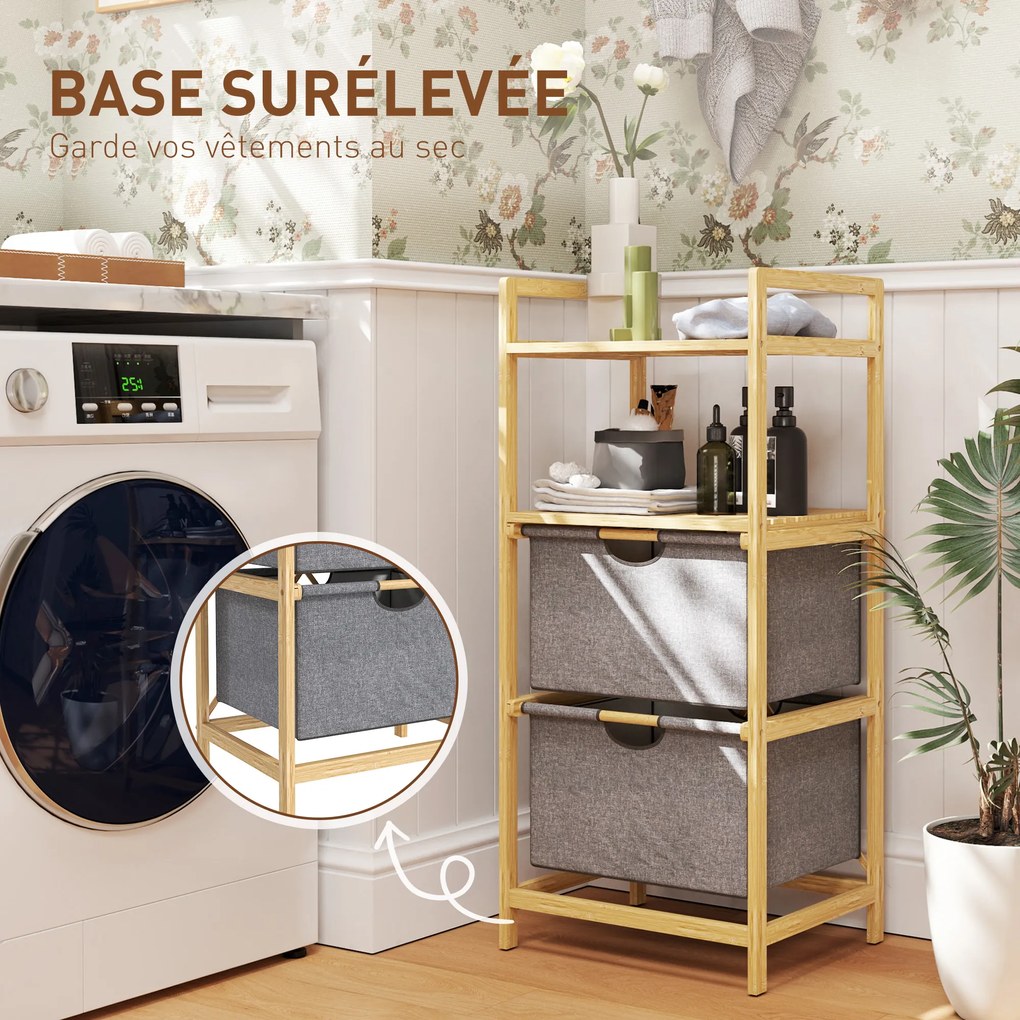 HOMCOM Coș de rufe din bambus corabie de rufe murdare cu 2 saci din țesătură glisantă și rafturi deschise, naturale | Aosom Romania