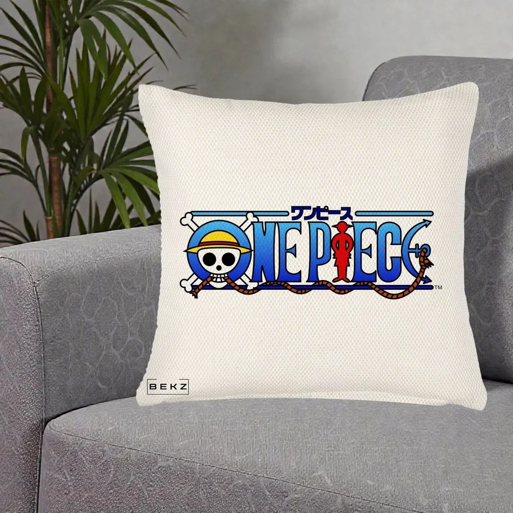 Perna Personalizata One Piece Clasic Albastru, 40x40 cm, Crem Reliefat, Husa Detasabila, Perna Inclusa, BEKZ®