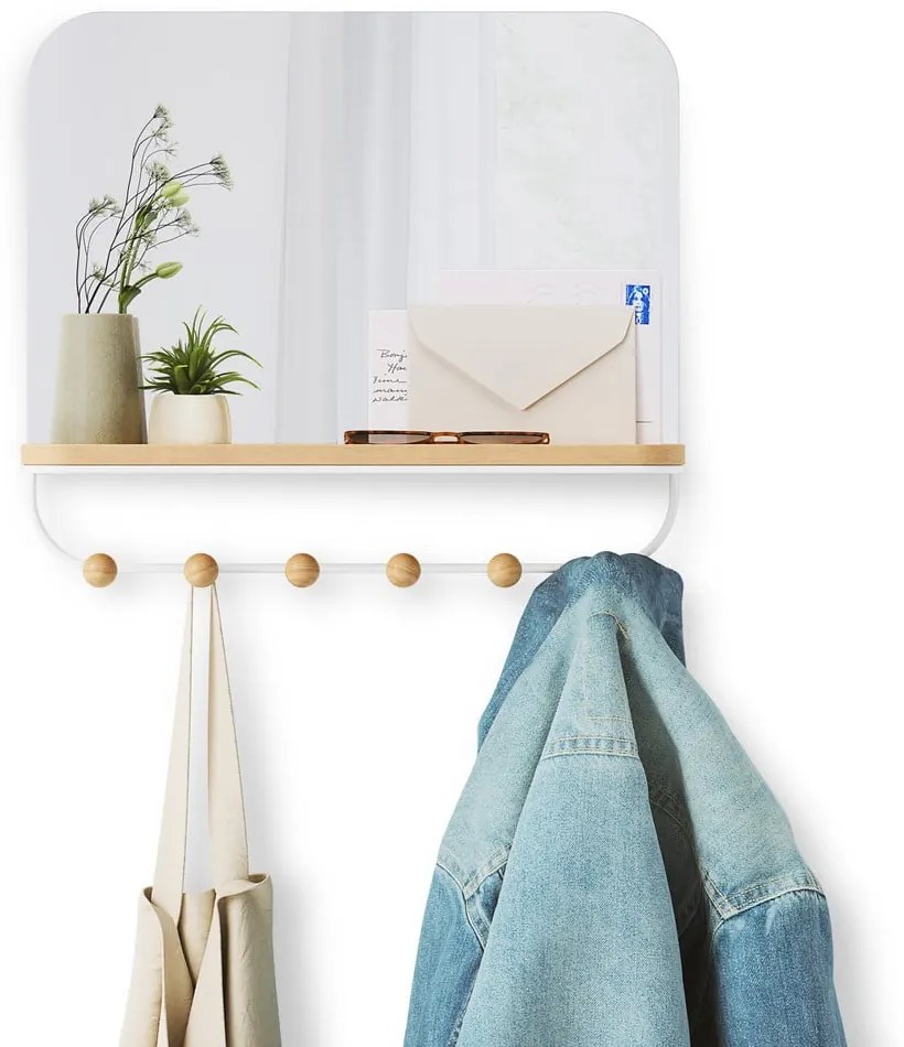 Cuier de perete alb/în culoare naturală cu raft din lemn masiv de fag Estique – Umbra
