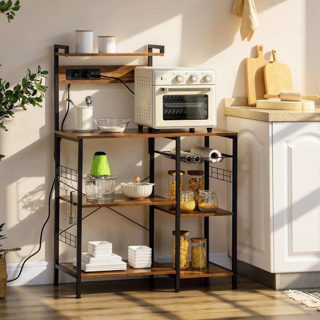 HOMCOM Raft de Bucatarie cu Prize Mutiple, Dulap Bucatarie pentru Microunde cu Rafturi si Cos din Sarma Stil Industrial, 90x42x130cm, Maro