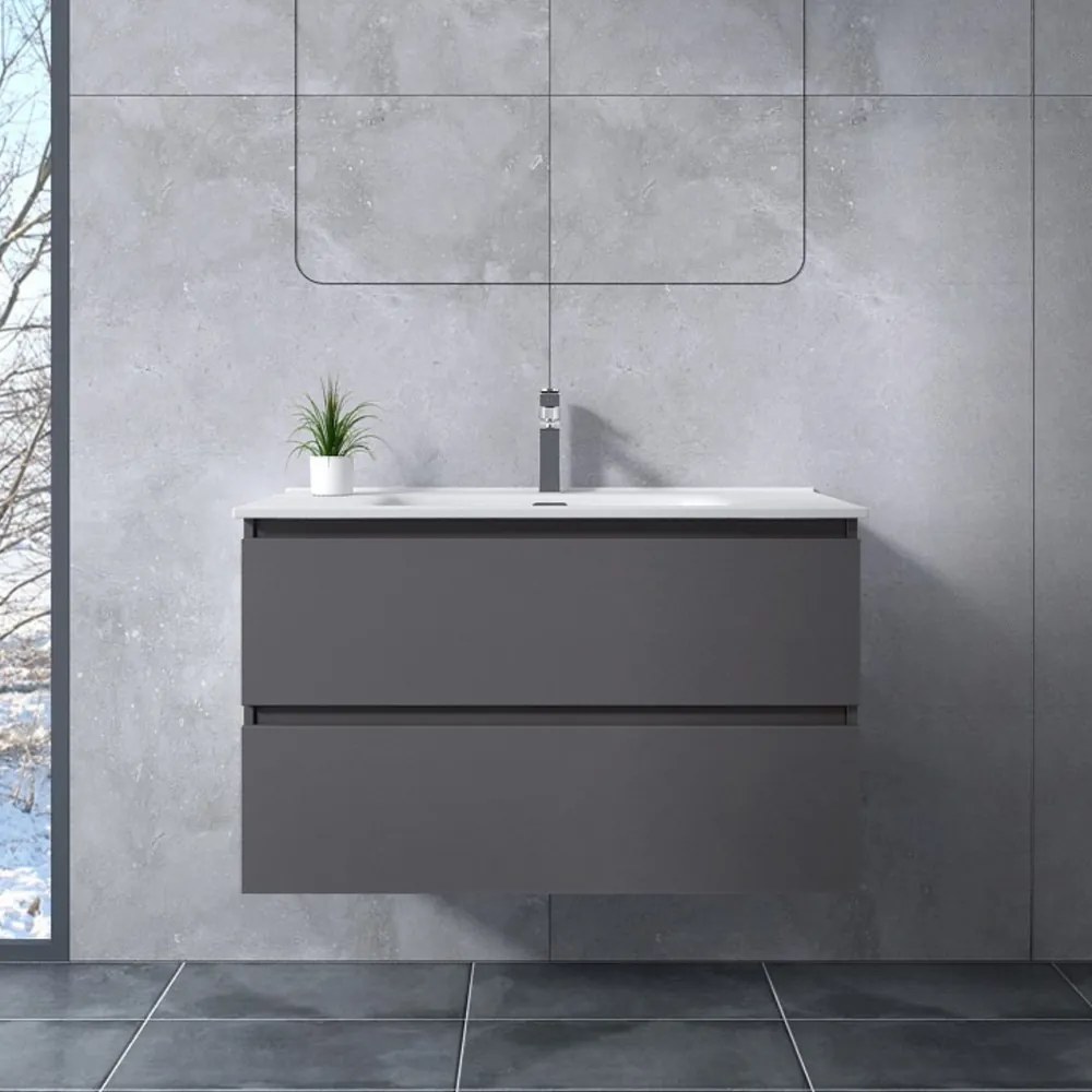 Catania || Gri antracit mat, dulap de baie cu lavoar, 90cm