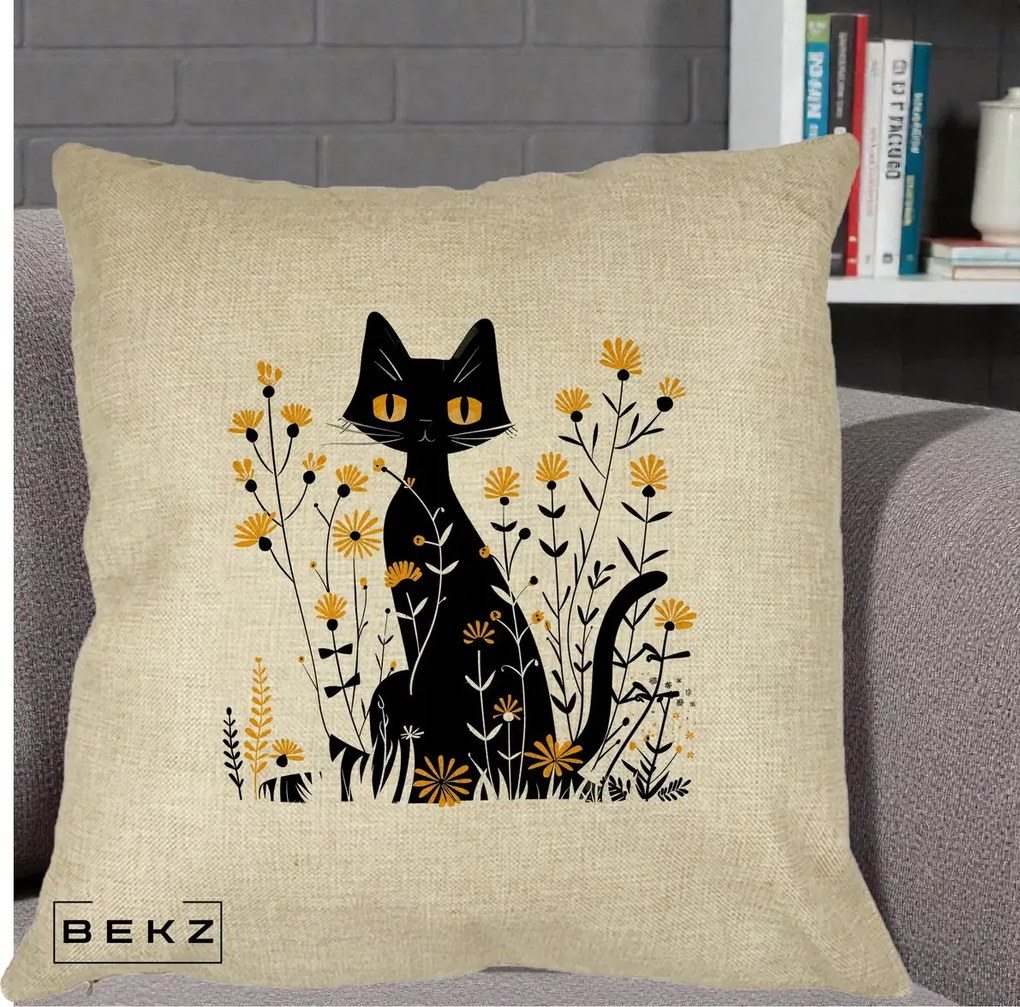 Perna Decorativa Pisica Neagra Ochi Galbeni Flori Galbene, 40x40 cm, Crem, Husa Detasabila, Perna Inclusa, BEKZ®