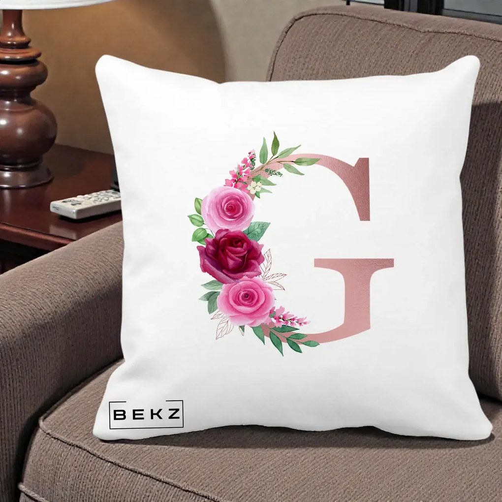 Cadou Personalizat - Perna Personalizata Monograma Rose Gold Litera G, 40x40 cm, Alba Mata, Husa Detasabila, Perna Inclusa, BEKZ®