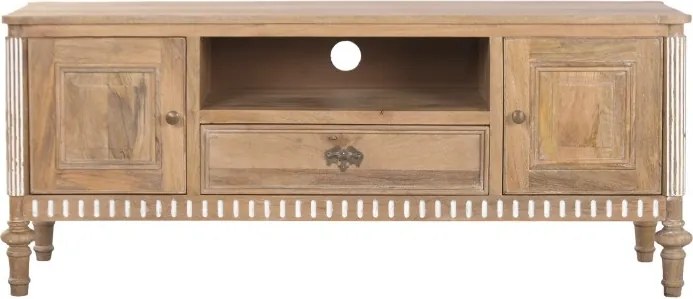 Comodă TV din lemn masiv de mango, finisaj natural maro, 2 uși, 1 sertar și nișă deschisă, 133 x 42 x 55 cm, „Classic"
