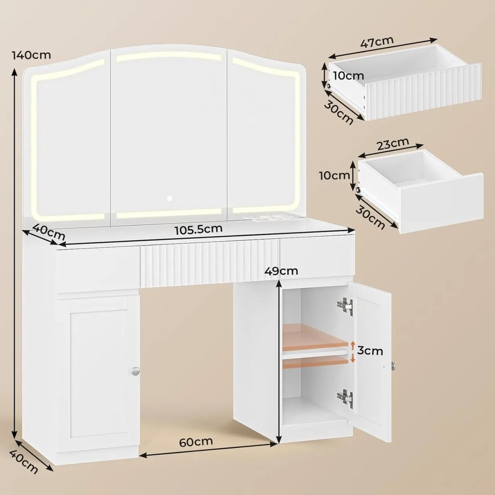 SEA816 - Set Masa toaleta 105 cm, cosmetica, machiaj, oglinda cu LED, masuta vanity, make-up - Alb / Negru