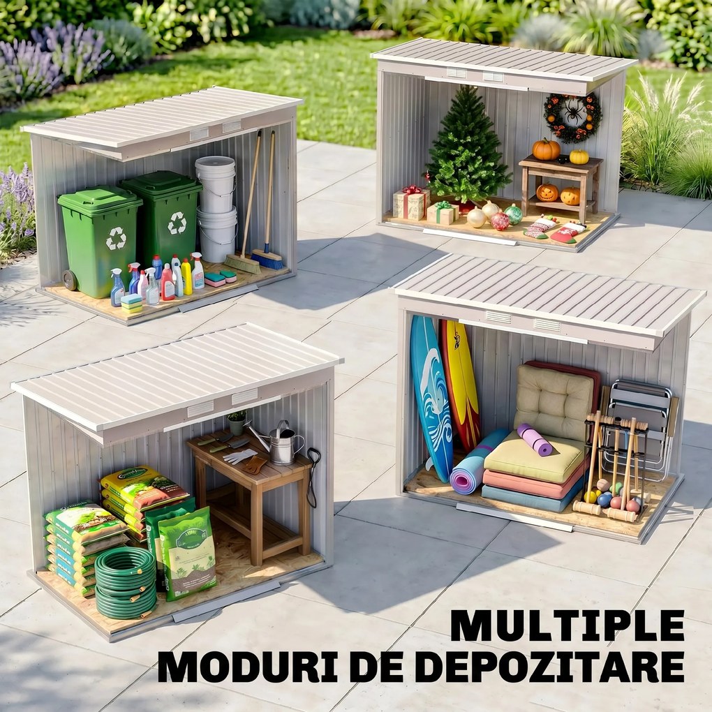 Outsunny Magazie Grădină pentru Unelte cu Acoperiș Înclinat, Metalică, Ușă Dublă și Fante de Ventilație, 213x130x172 cm | Aosom România