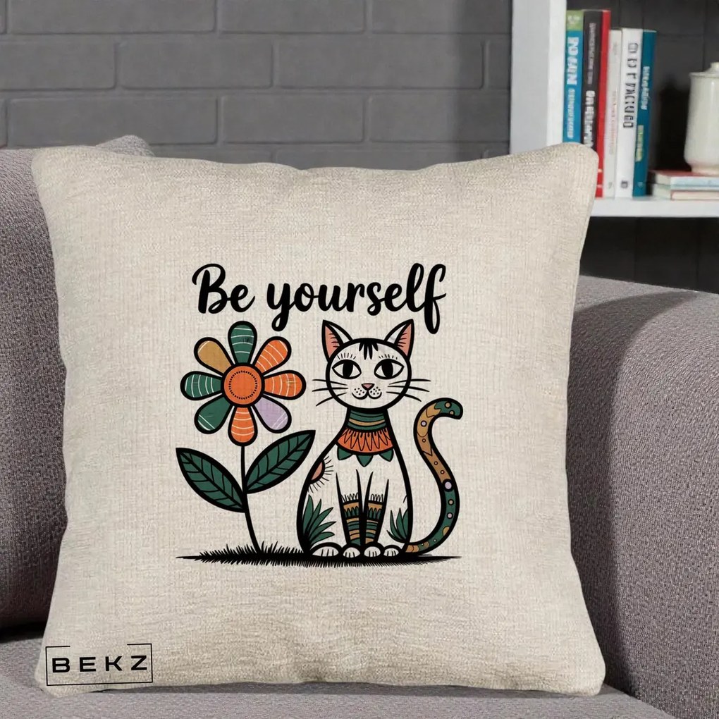 Perna Personalizata Be Yourself Pisica Folk, 40x40 cm, Bej Canapea, Husa Detasabila, Perna Inclusa, BEKZ®