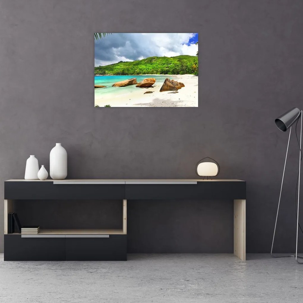 Tablou pe sticlă - Seychelles, plaja Takamaka (70x50 cm)