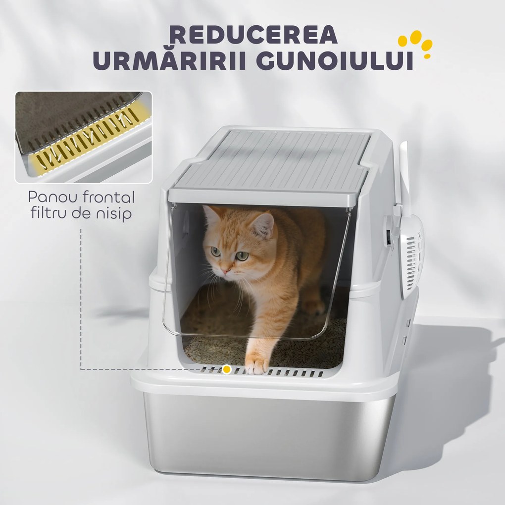 PawHut Extra Large din Oțel Inoxidabil, Litieră pentru Pisici cu Lopățică, Capac Rabatabil | Aosom Romania