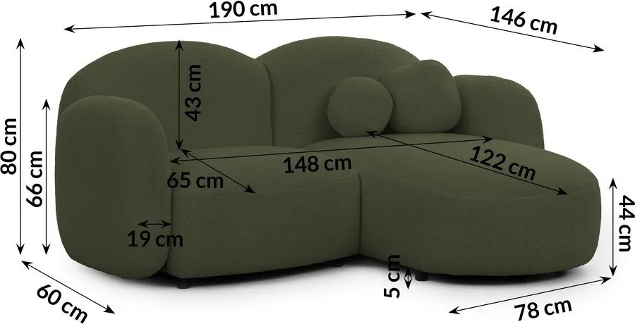 Colțar verde cu tapițerie din țesătură bouclé (cu colț pe partea dreaptă/cu șezlong) Orbit – Ropez