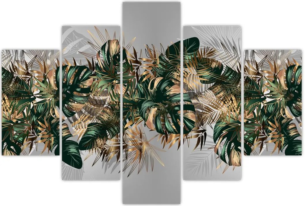 Tablou - Frunze tropicale, Galben - auriu (150x105 cm)