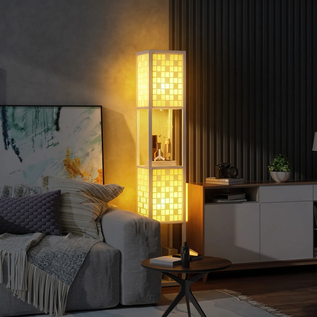 HOMCOM Lampă de podea, model tip plasă, rafturi în 2 niveluri, compatibilă cu diferite becuri, Alb | Aosom Romania