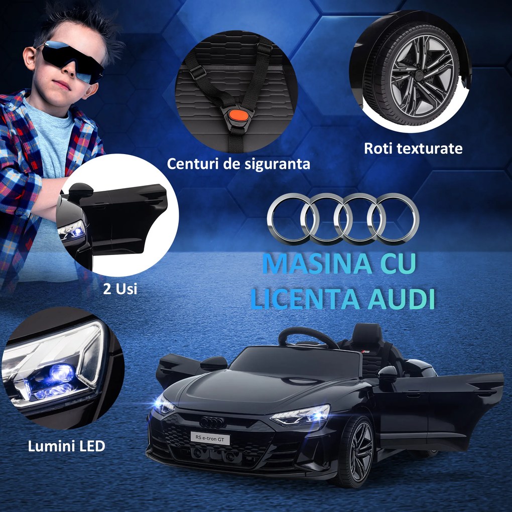 HOMCOM Masina Electrica pentru Copii 5 Ani Licenta Audi, Auto pentru Copii cu Telecomanda si Muzica, Centuri de Siguranta si Faruri, Neagra