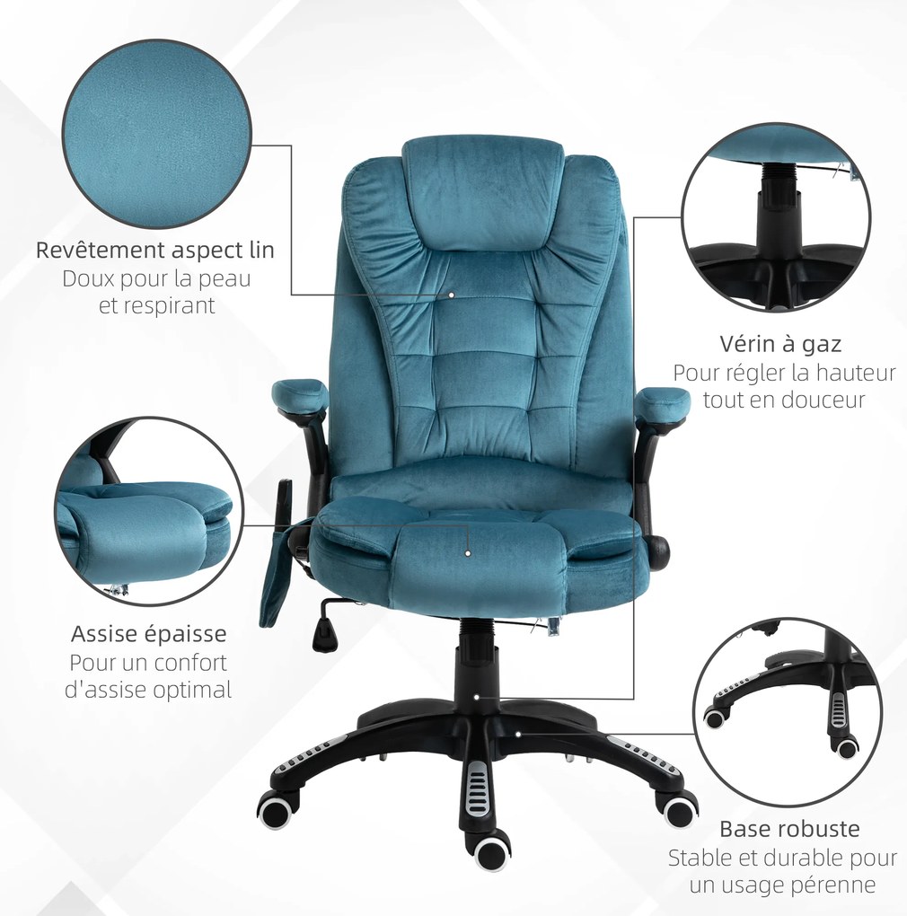Vinsetto Fotoliu de birou cu funcție de masaj și încălzire, scaun de birou, scaun ergonomic cu înălțime reglabilă, spătar inclinabil și telecomandă cu fir, pivotant la 360° material din poliester bleu | Aosom Romania