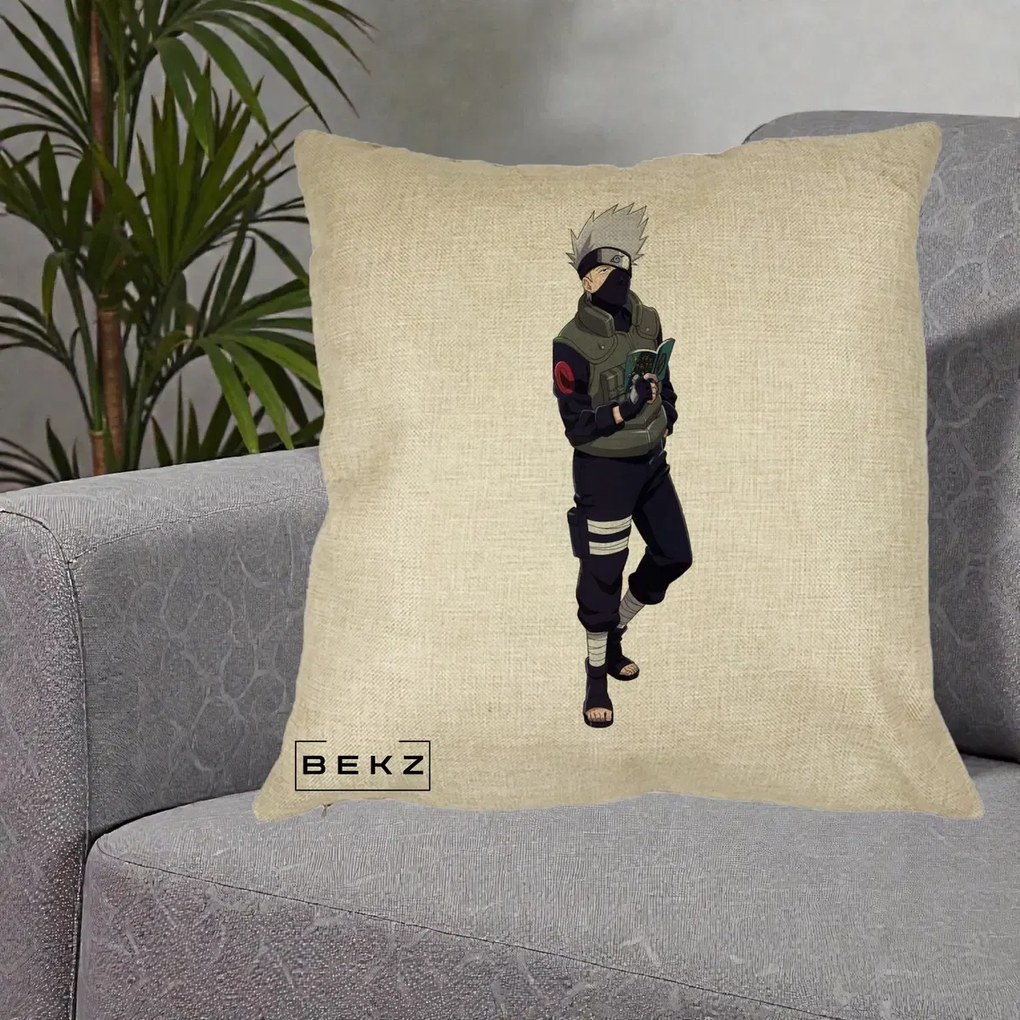 Perna Personalizata Naruto Kakashi Hatake Portret Complet, 40x40 cm, Crem, Husa Detasabila, Perna Inclusa, BEKZ®