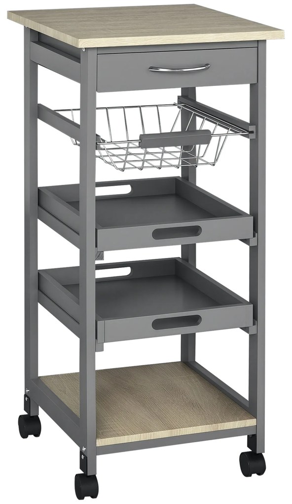 HOMCOM Servitoră de bucătărie pe roți cu panier + 2 tăvi detașabile, sertar, raft in lemn stejar deschis | Aosom Romania
