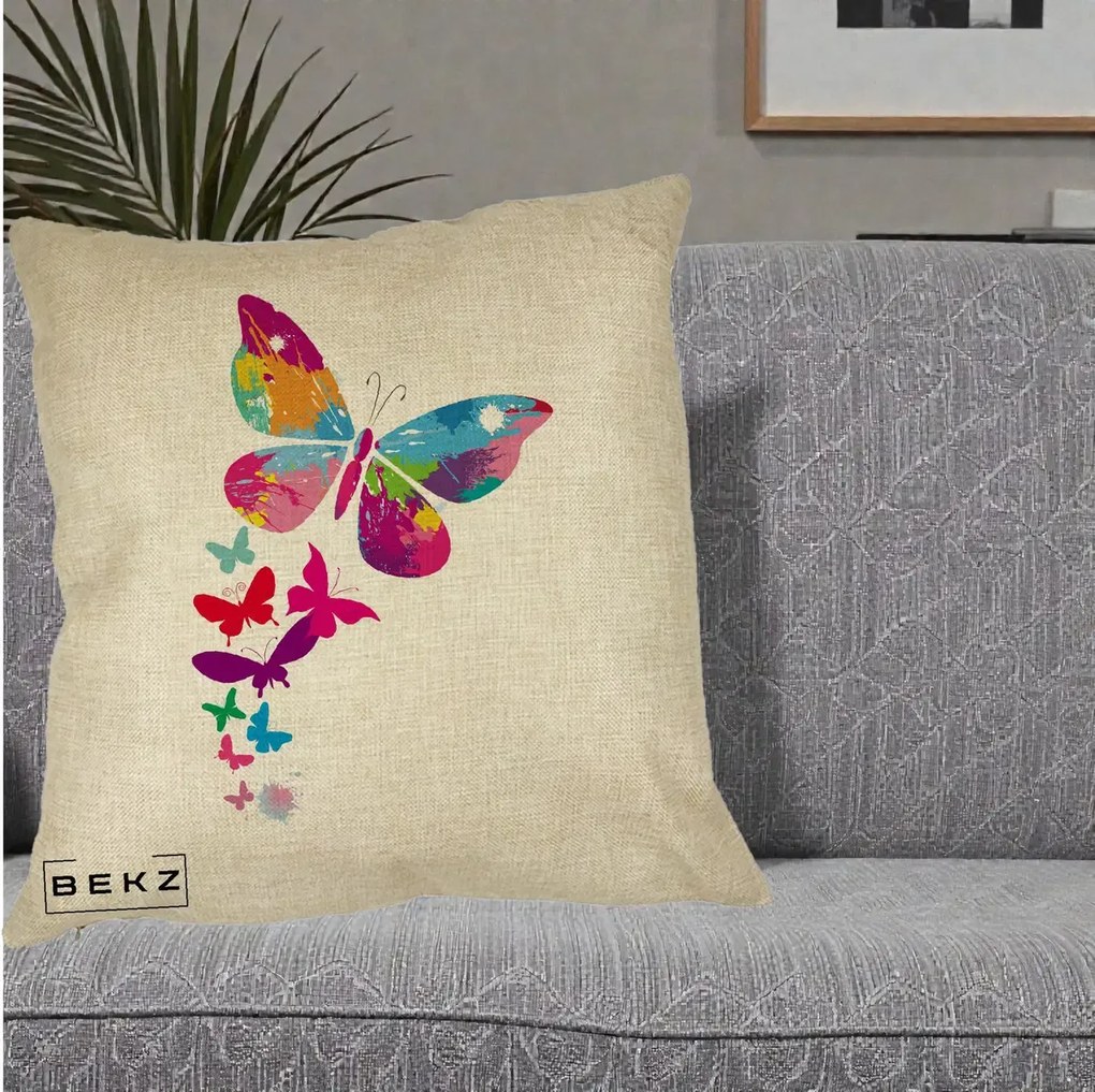 Perna Decorativa Fluturi Splash, 40x40 cm, Crem, Husa Detasabila, Perna Inclusa, BEKZ®