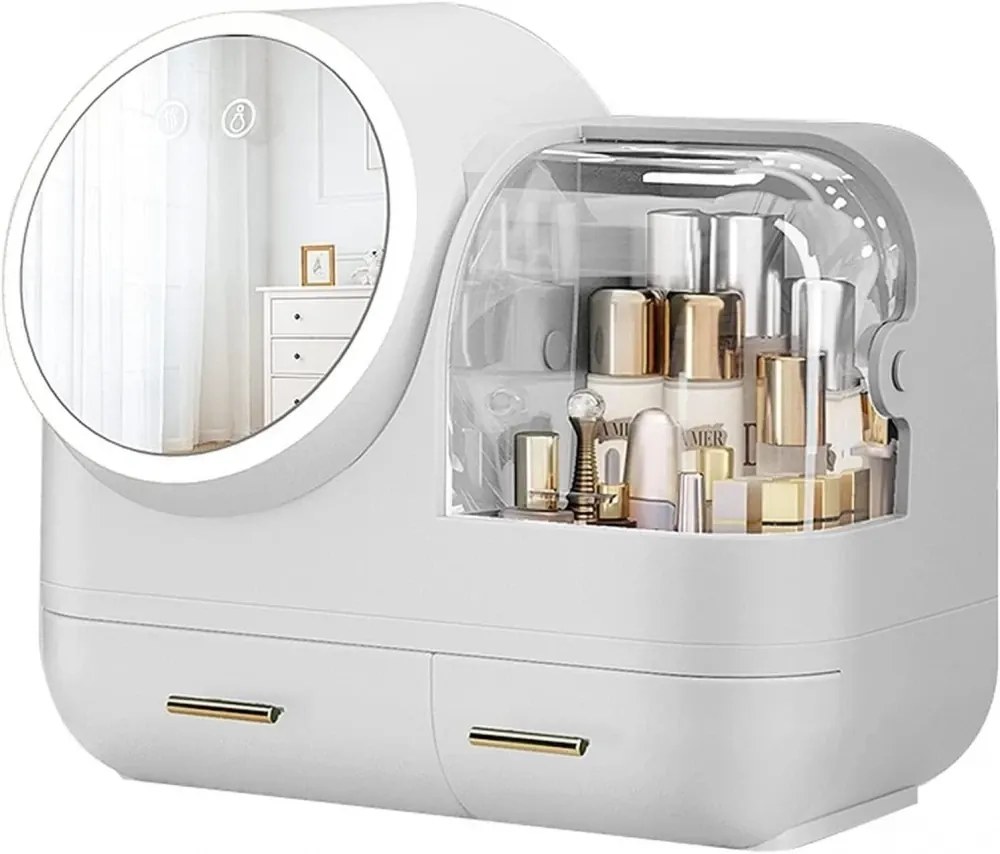 RESIGILAT- Organizator cosmetic cu Ventilator, Oglindă iluminare LED, rotativă 360 grade, portabilă, incarcare USB, depozitare compartimentata, cu sertare, 31x37,5x22 cm, Alb