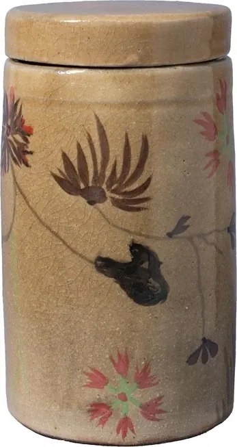 Borcan din ceramică artizanală natur cu capac, motive florale și păsări pictate manual, maro și roșu, 22 × 12 cm, „Campana"