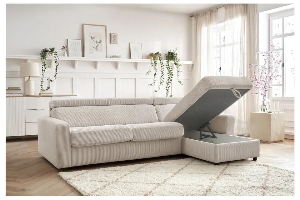 Colțar crem extensibil cu tapițerie din catifea reiată (cu colț variabil) Monaco – Bobochic Paris