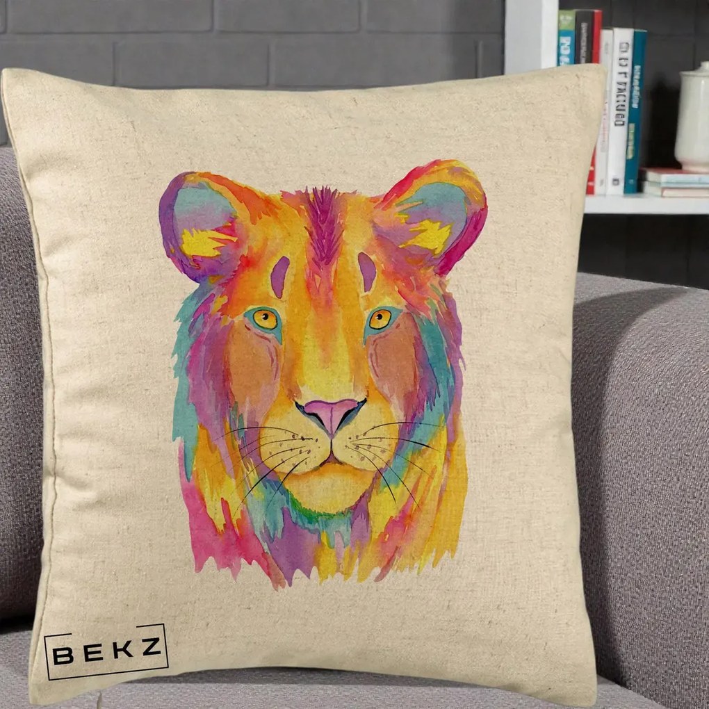 Perna Decorativa Leu Acuarela Curcubeu, 40x40 cm, Bej, Husa Detasabila, Perna Inclusa, BEKZ®