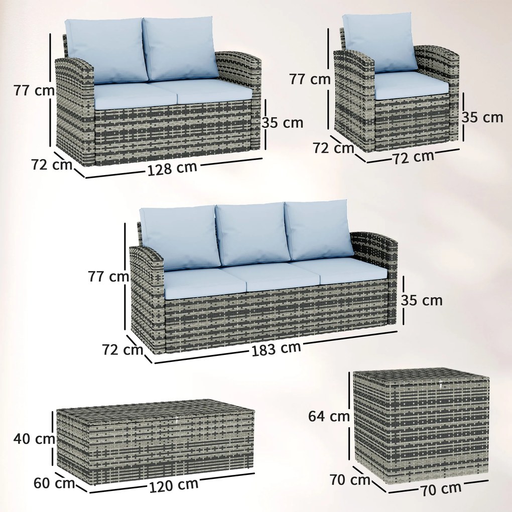 Outsunny Set de mobilier de gradina din ratan de 6 piese, canapea si 2 fotolii tapitate pentru 7 persoane, bej | Aosom Romania