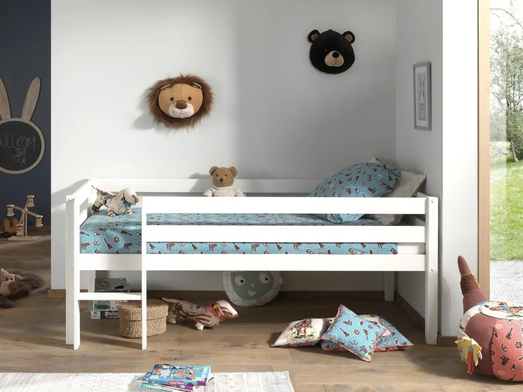 Pat Pino pentru copii cu scară, alb, 90x200 cm, înălțime 85 cm – Vipack